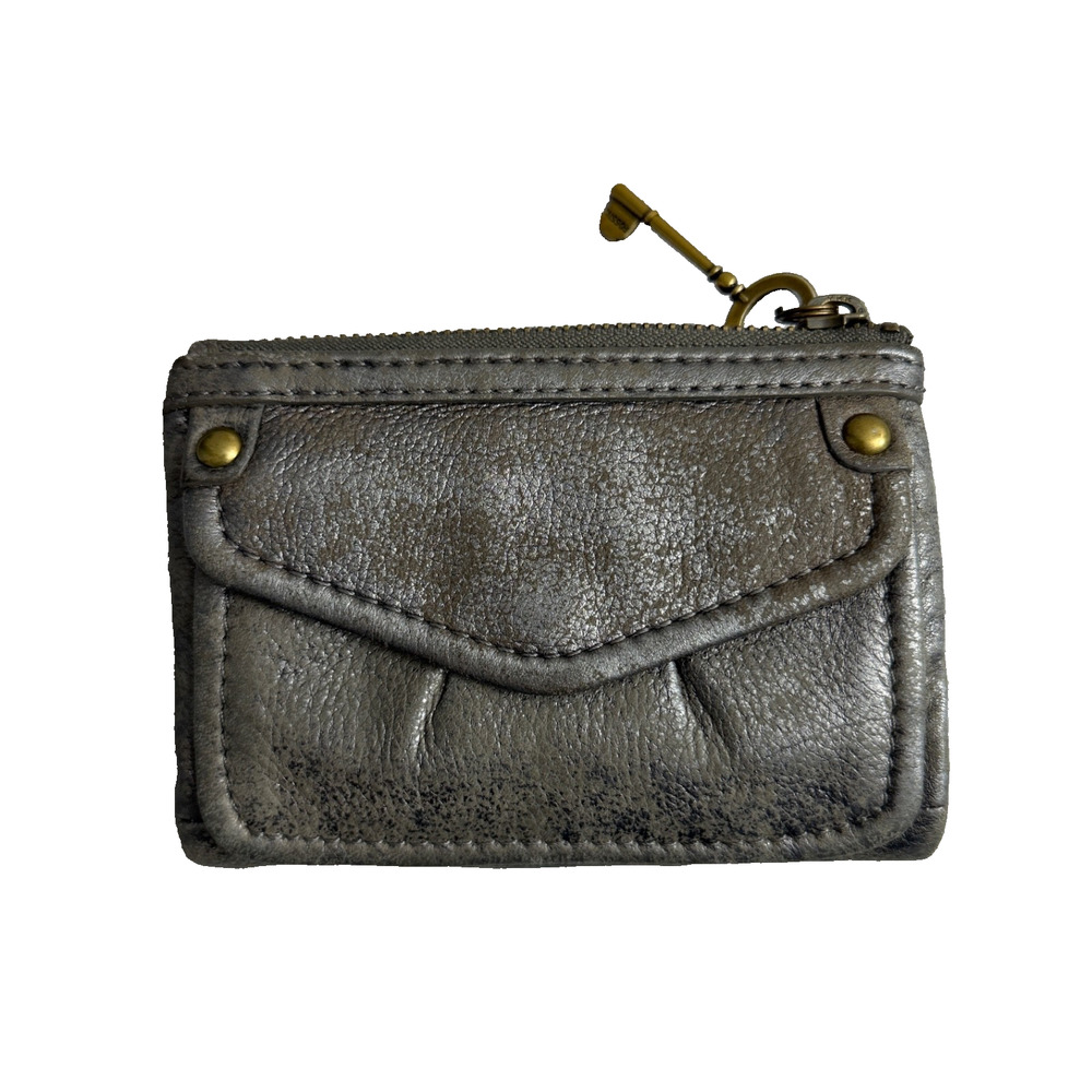Fossil Wallet Womens Metallic Pewter Tri Fold Cards Cash Keyper Charm Brass